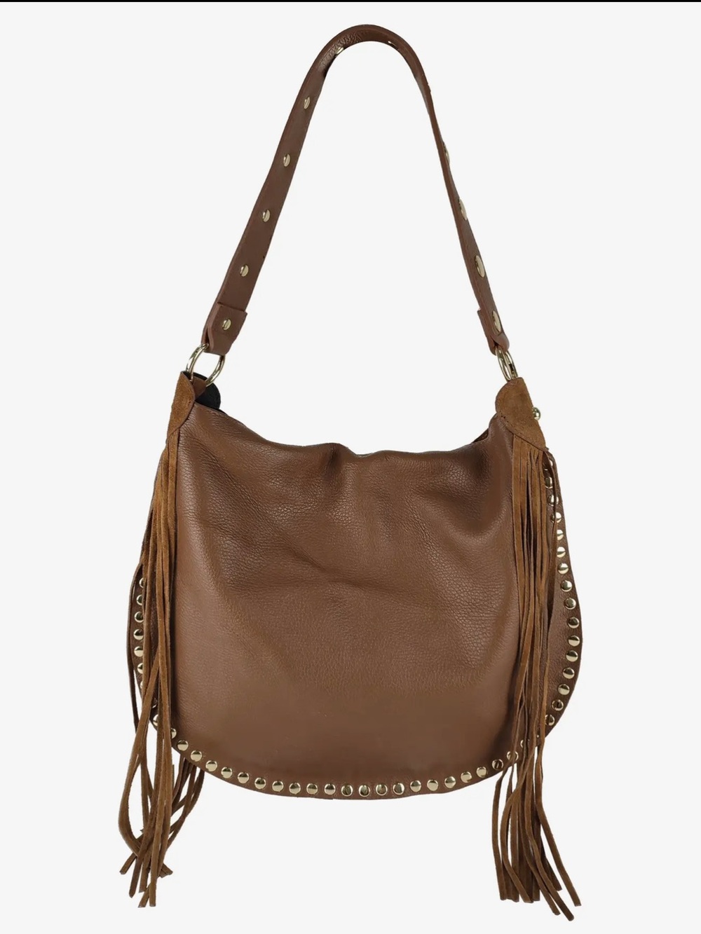MADE IN ITALY LEATHER Stylish Studded Fringe Hobo Bag - - Picture 4 of 5